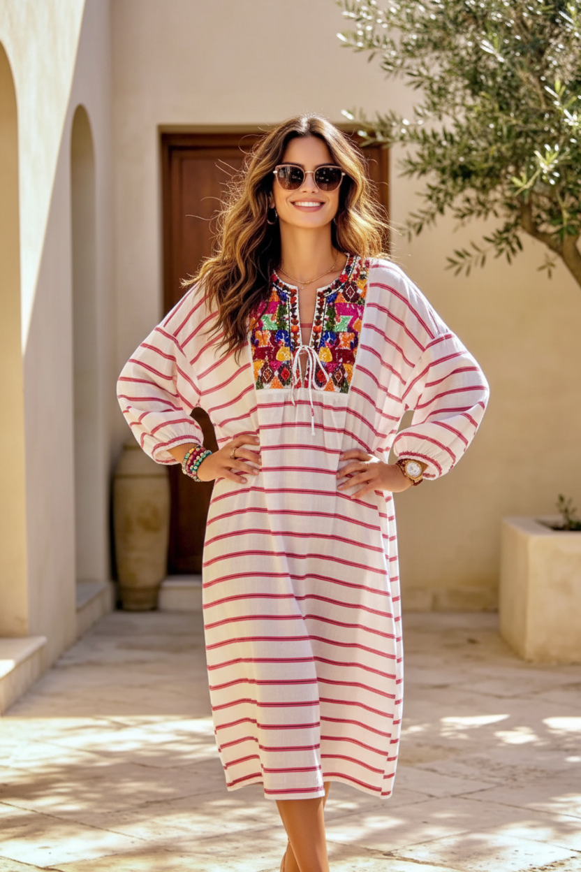 Robe Caftan Bohème ANITA – Rayures Rose & Blanc à Paillettes