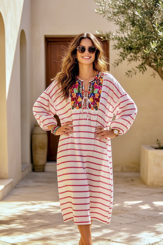 Robe Caftan Bohème ANITA – Rayures Rose & Blanc à Paillettes