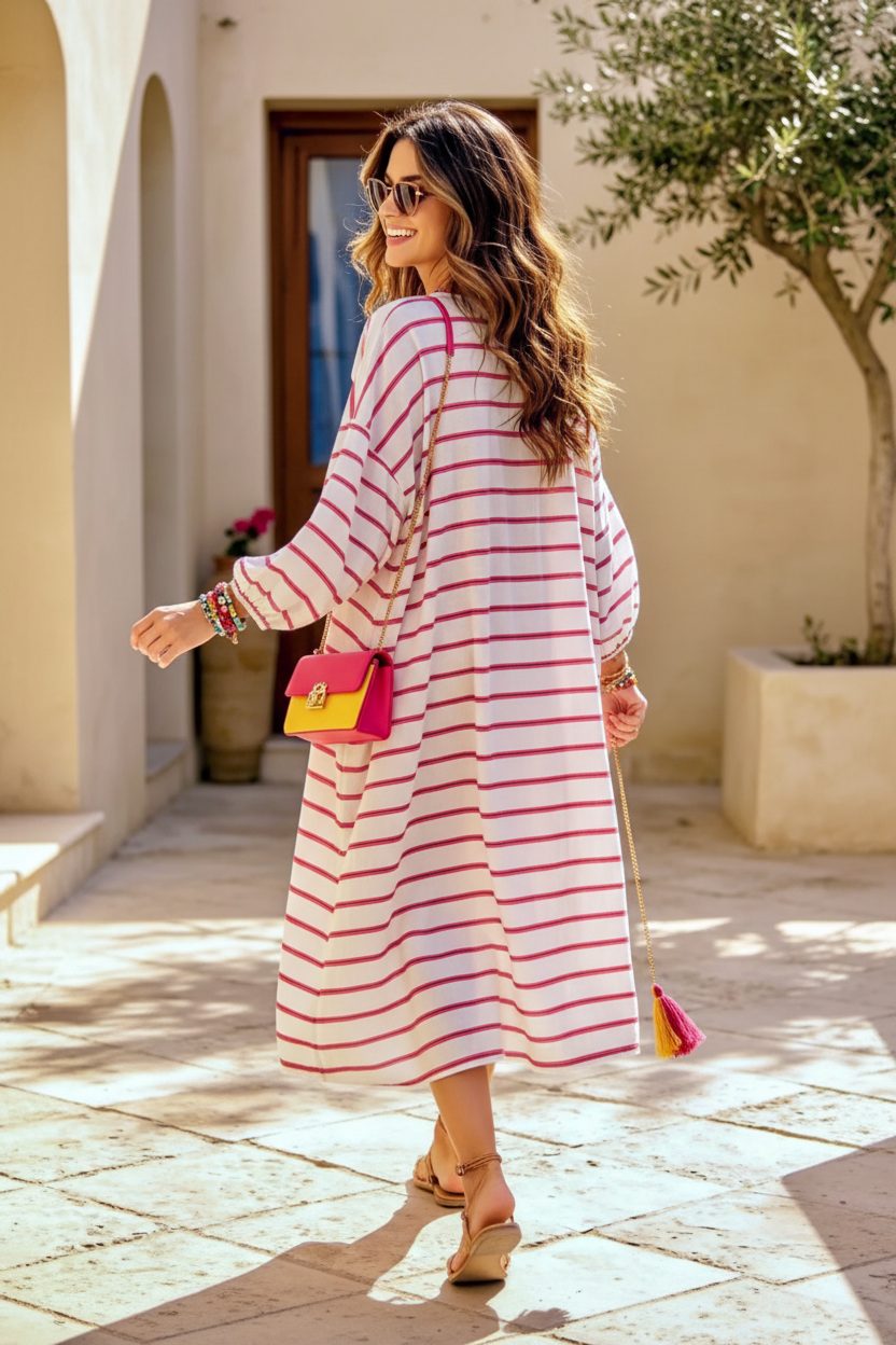 Robe Caftan Bohème ANITA – Rayures Rose & Blanc à Paillettes