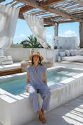 Cargar la imagen en la vista de la galería, Ensemble Pantalon Marinière CHLOÉ – Popeline Coton | Top Col Frou Frou | Resort Été
