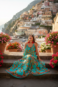 Load image into Gallery viewer, Robe Longue BARI — Imprimé Oranges Turquoise | Antica Sartoria
