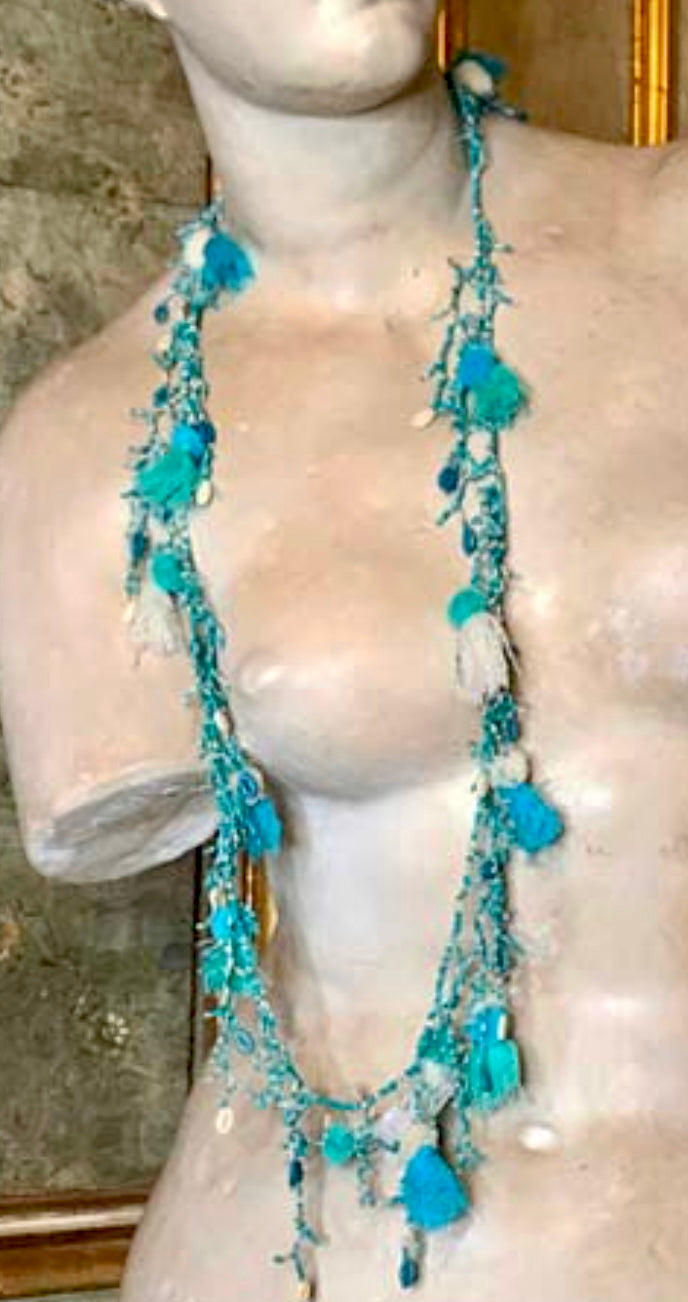 TURQUOISE pearl and pompom necklace