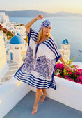 Charger et lire la vidéo dans la visionneuse de la galerie, Caftan Bleu Mykonos – Robe Fluide Viscose Imprimé santorin Femme | Resort
