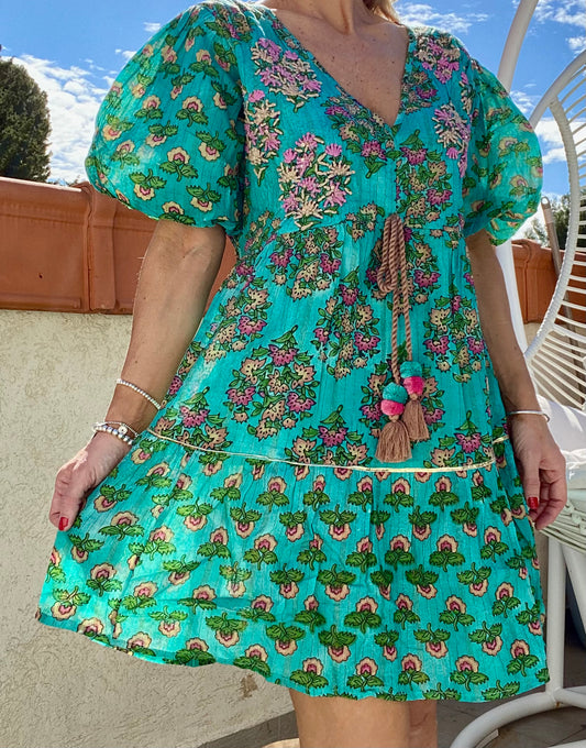 Short bohemian dress LAURA turquoise