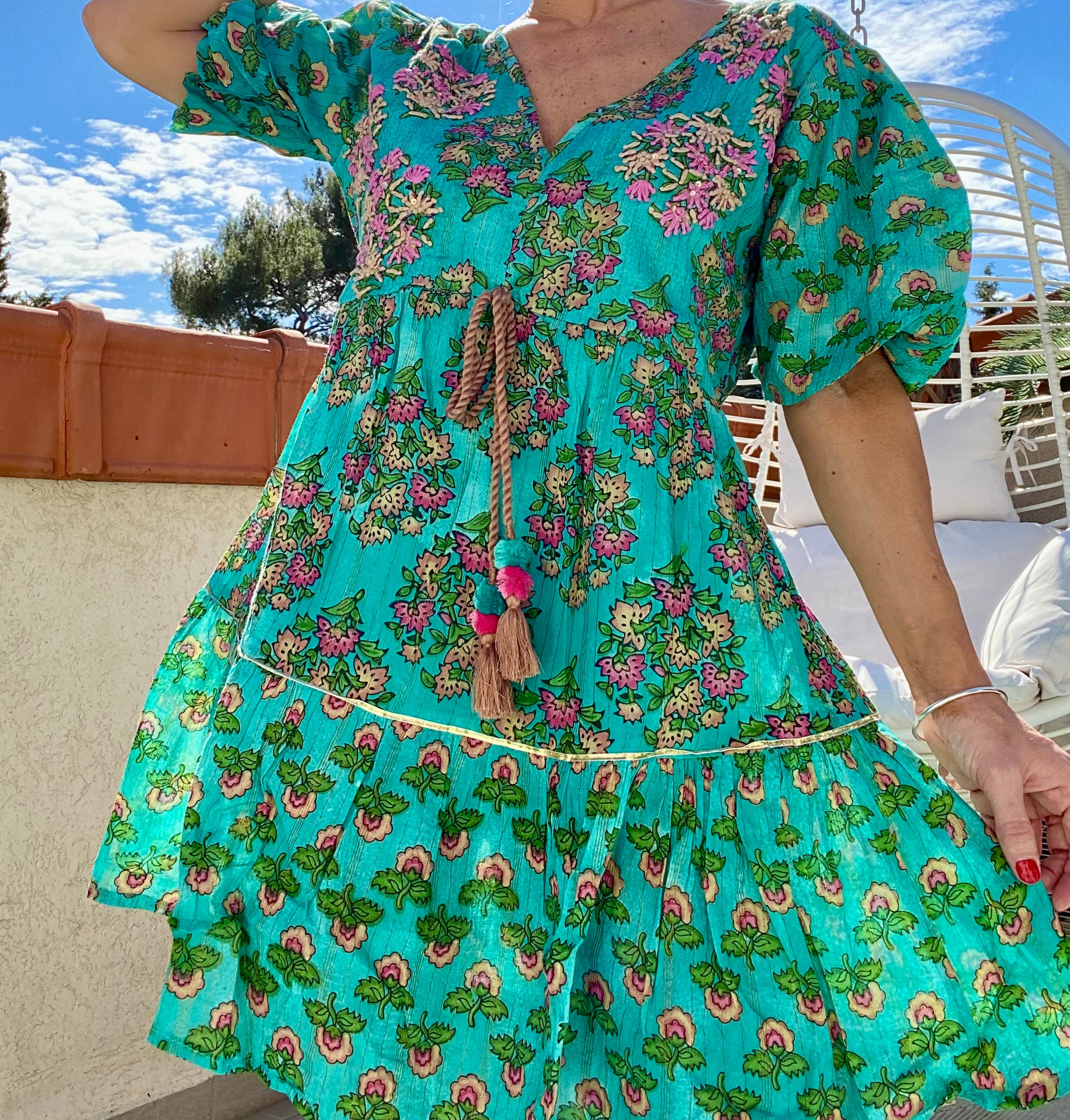 Robe courte bohème LAURA turquoise